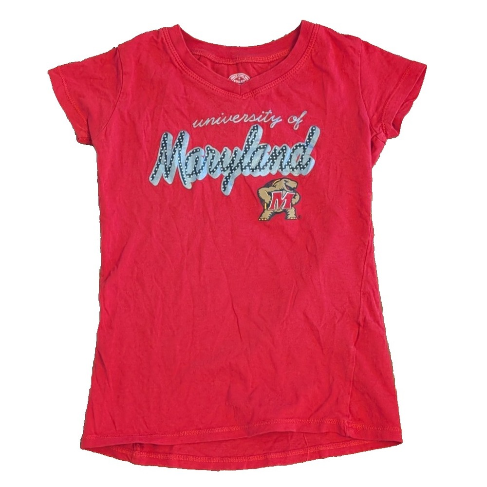 Maryland Terrapins Girls T-shirt Youth Small (7/8) V-neck Red UMD Testudo Terps